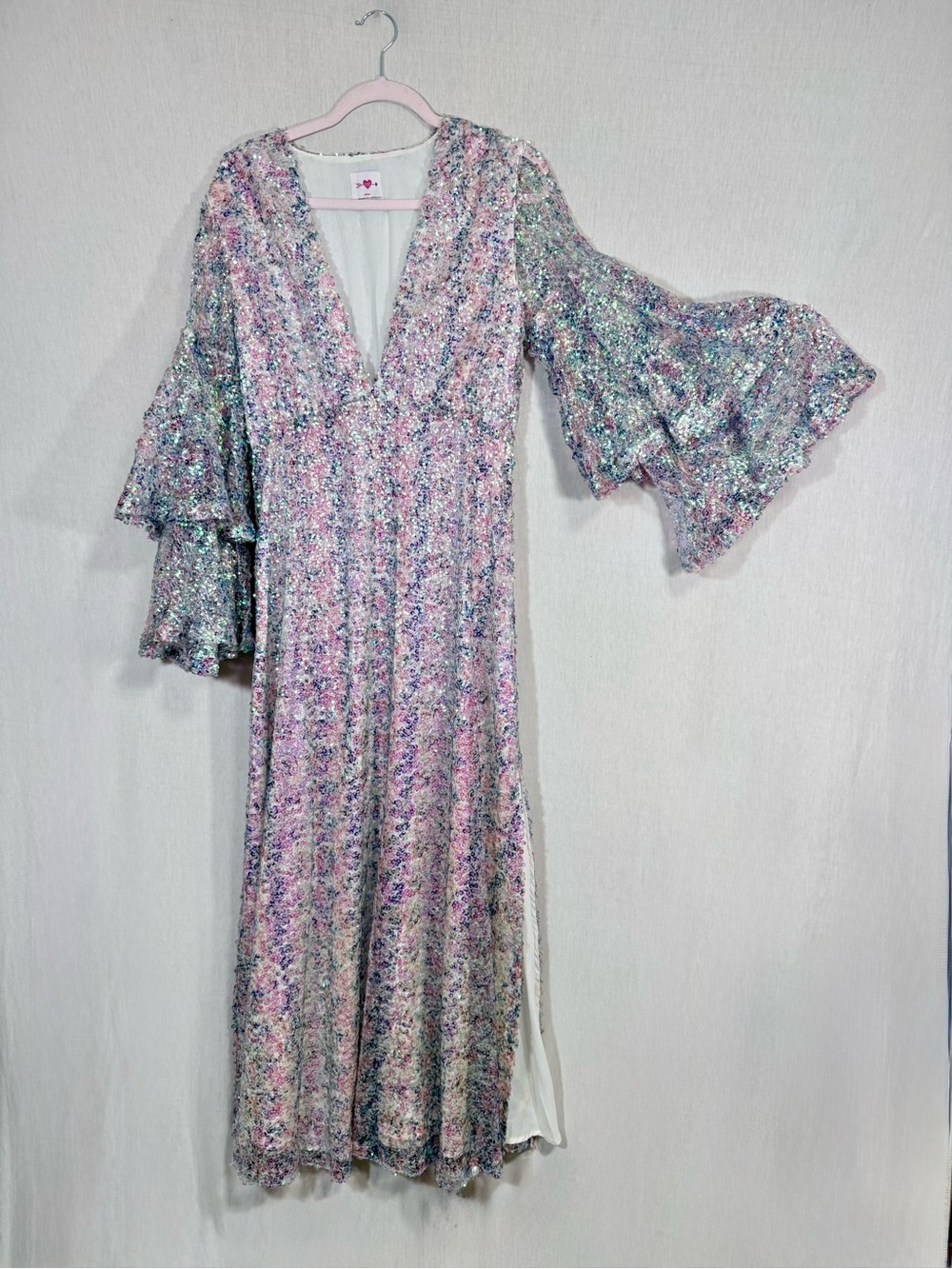 Buddy Love size M Colette Sequin Iridescent V-Neck Maxi Dress with Bell Sleeves